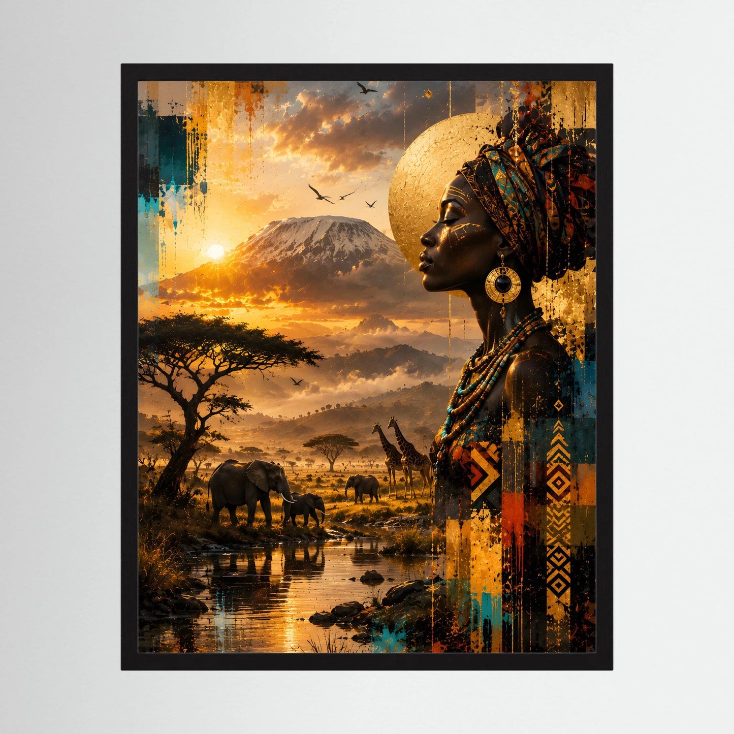 Kunstposter mit schwarzem Rahmen: Afrikanerin im Profil über Savanne mit Elefanten und Sonne