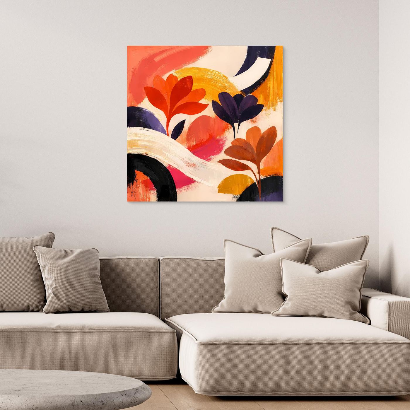 Quadratisches Leinwandbild mit abstrakten Blumen, orange-rot und blaue Akzente.