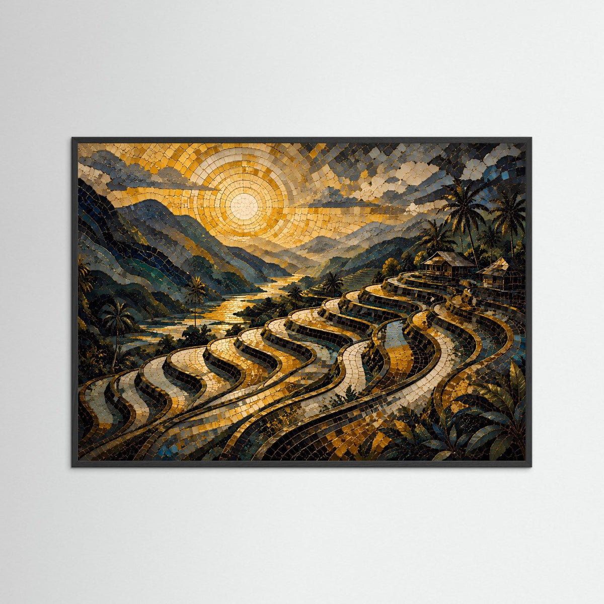 Poster mit Mosaik-Landschaft in schwarzem Rahmen: goldene Sonne, Reisterrassen, Palmen