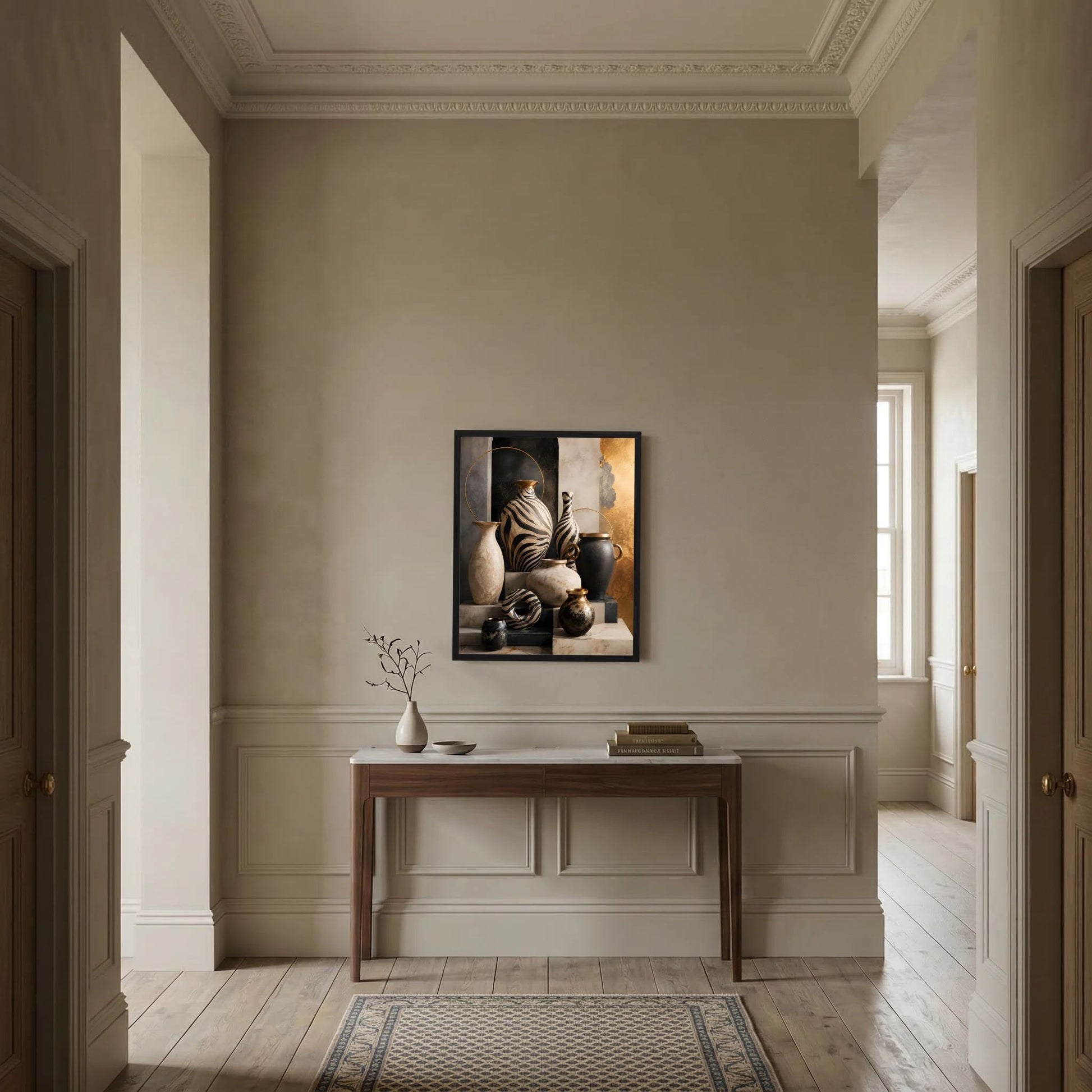 Gerahmtes Hochformat-Wandposter mit Zebra-Vasen-Motiv: Keramik in Schwarz, Weiß und Gold