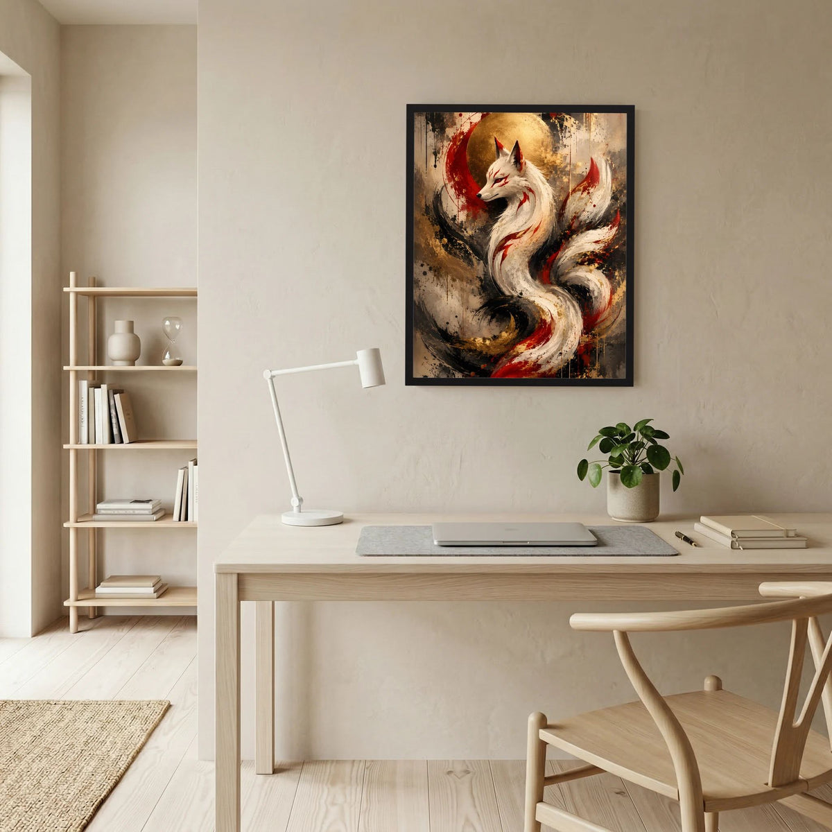 Ge rahmtes Kunstposter mit weißem Fuchs, rot-schwarzen Wirbeln und goldenen Sprenkeln