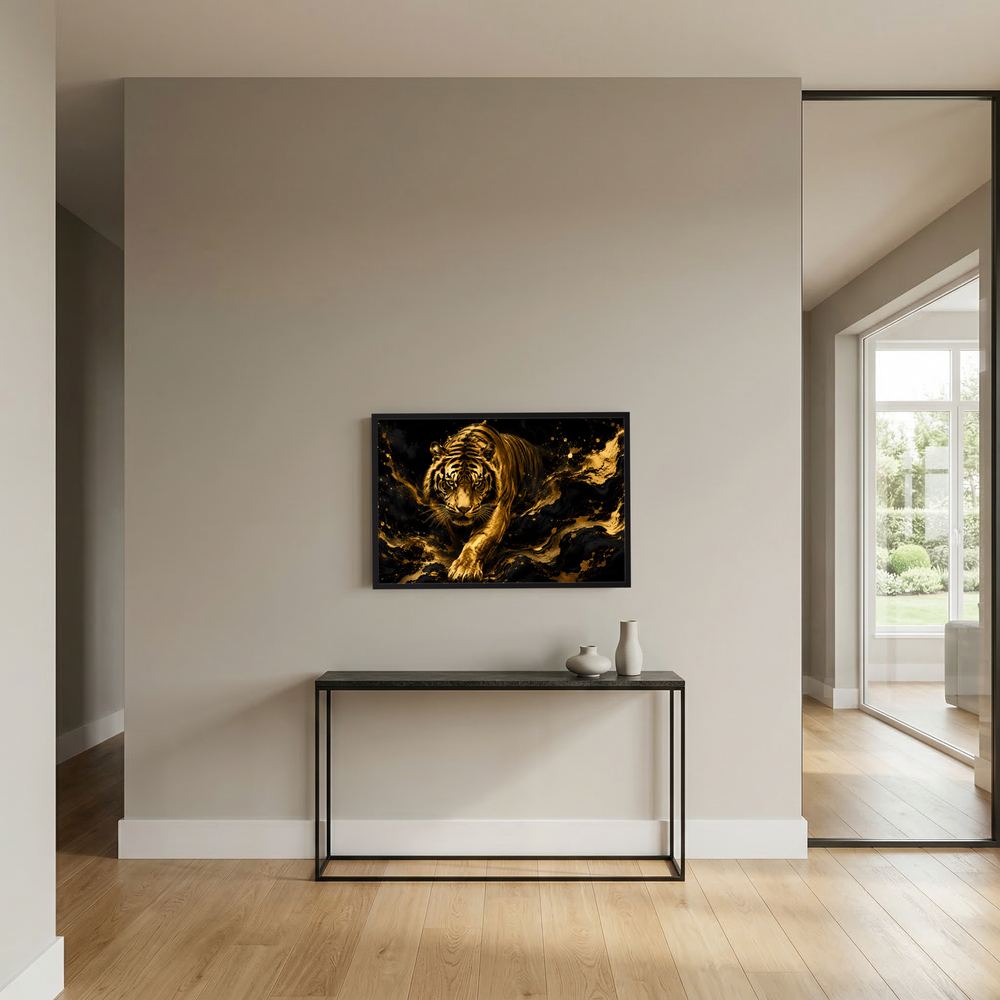 Wandposter im Querformat mit gold-schwarzem Tiger-Motiv im schmalen Rahmen