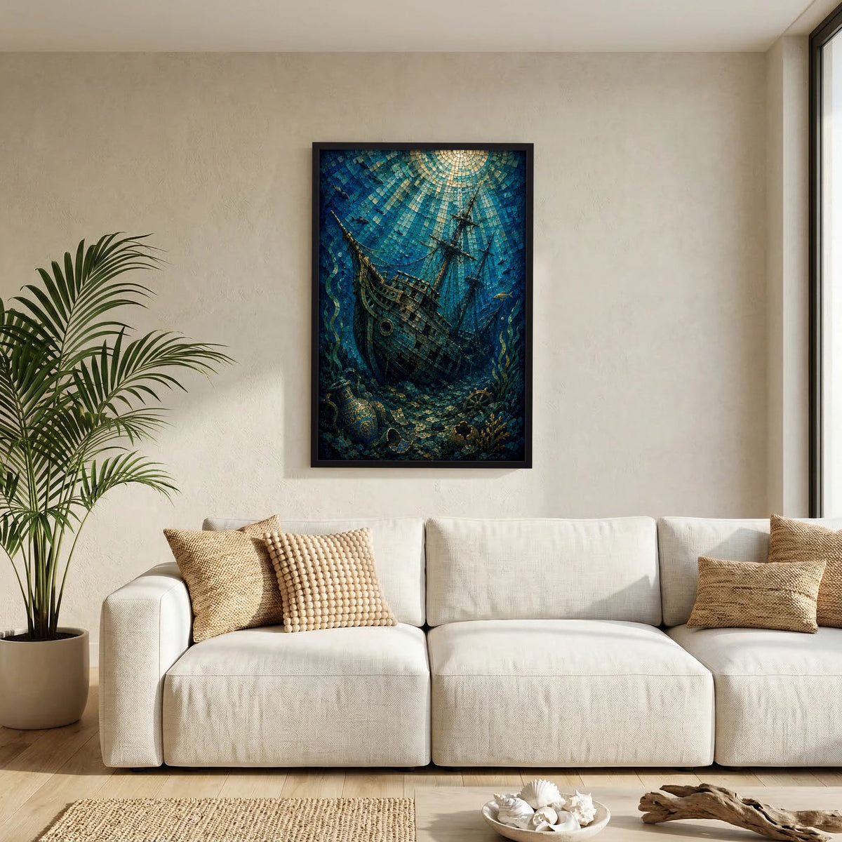 Gehaltenes Hochformat-Poster: Mosaik-Segelschiff unter Wasser in Blaugrün und Gold, dunkle Einfassung