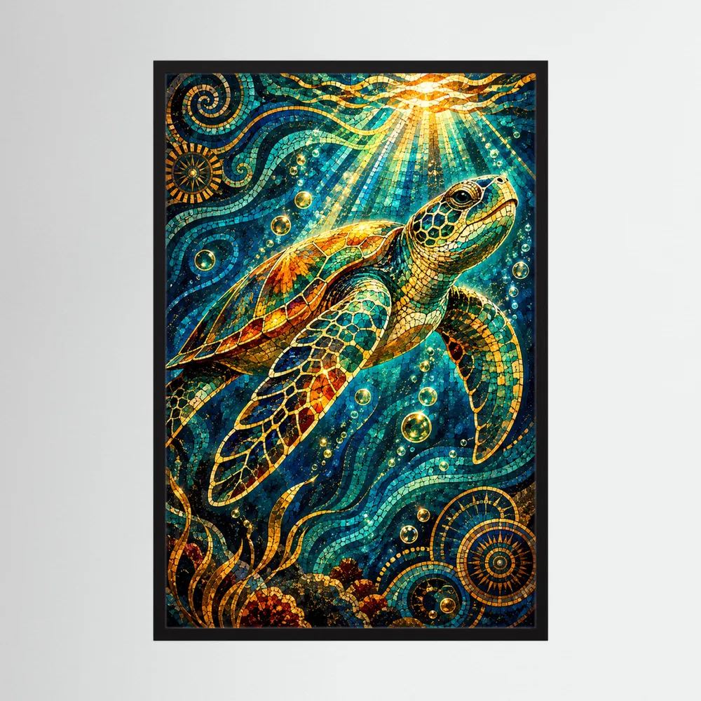 Kunstposter mit Meeresschildkröte im Mosaik-Design, türkis und gold, im schwarzen Rahmen