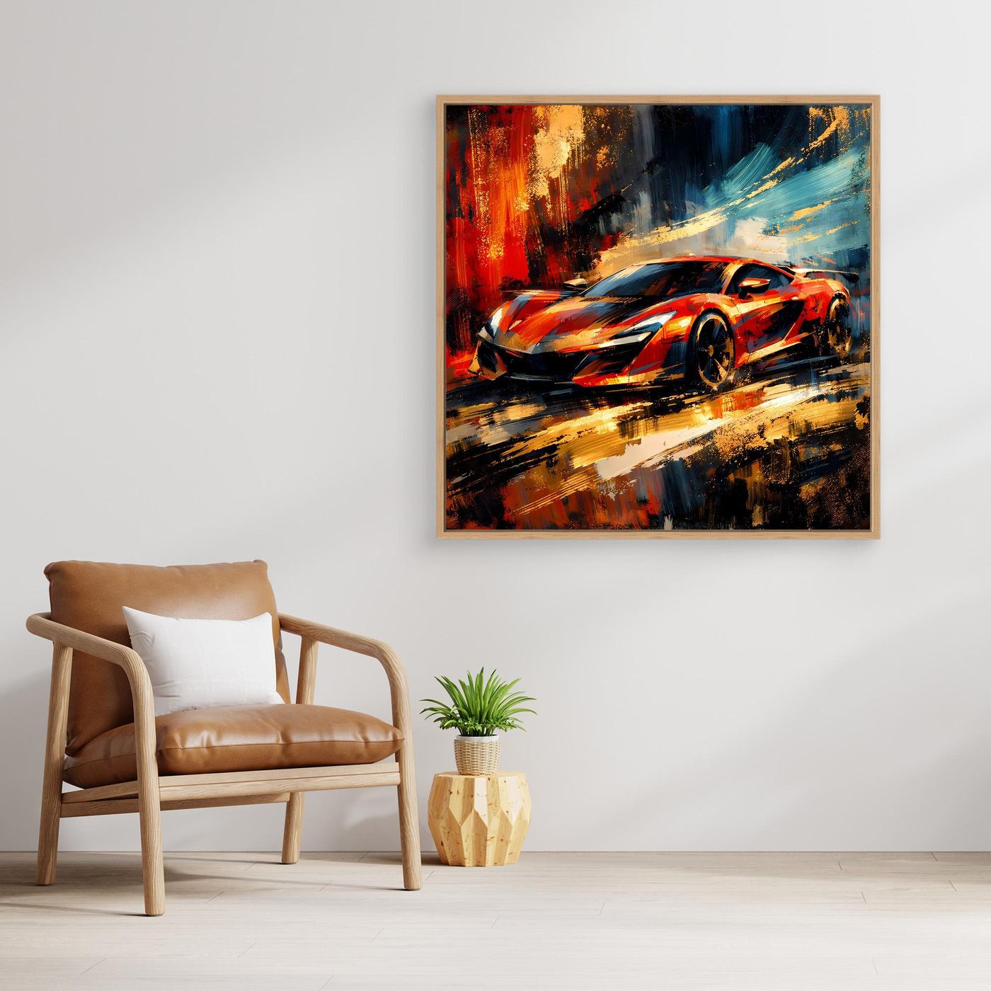 Leinwandbild mit Holzrahmen: rotes Sportauto mit diagonalen Pinselspuren und Spritztextur