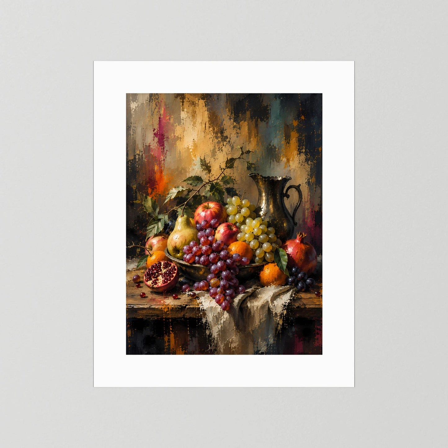 Kunstposter im Hochformat mit weißem Passepartout: Trauben und Granatapfel