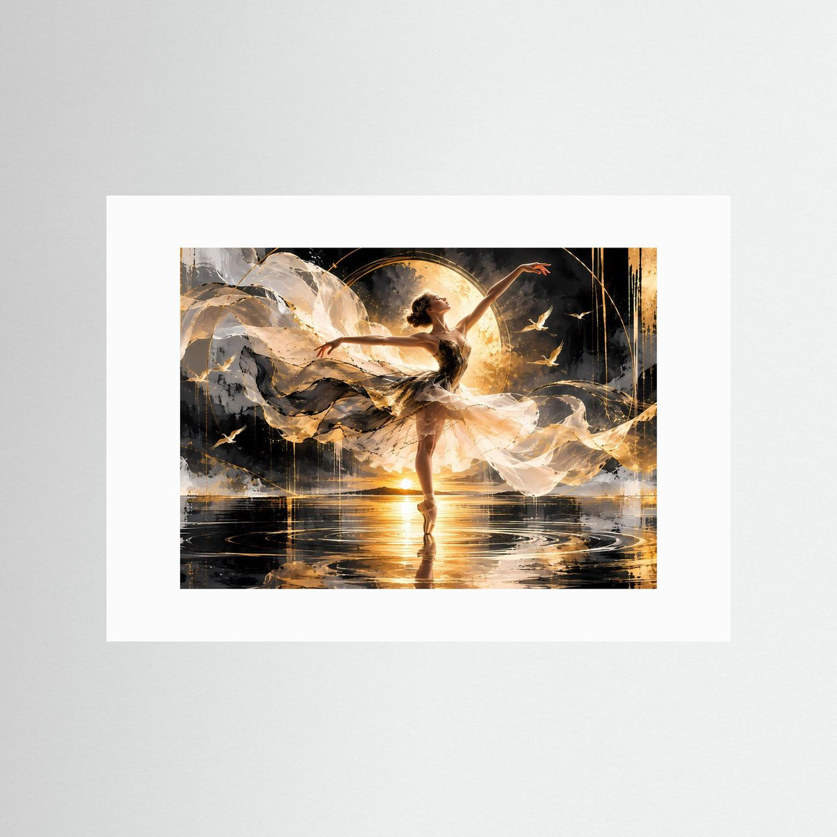 Querformatiges Poster mit Ballerina-Motiv in Schwarz und Gold, mit weißem Rand