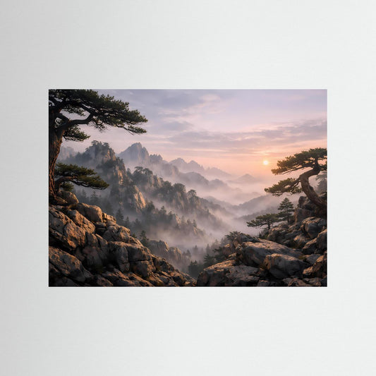 Naturposter Querformat mit Nebelbergen, Felsklippen und Kiefern im Sonnenaufgang