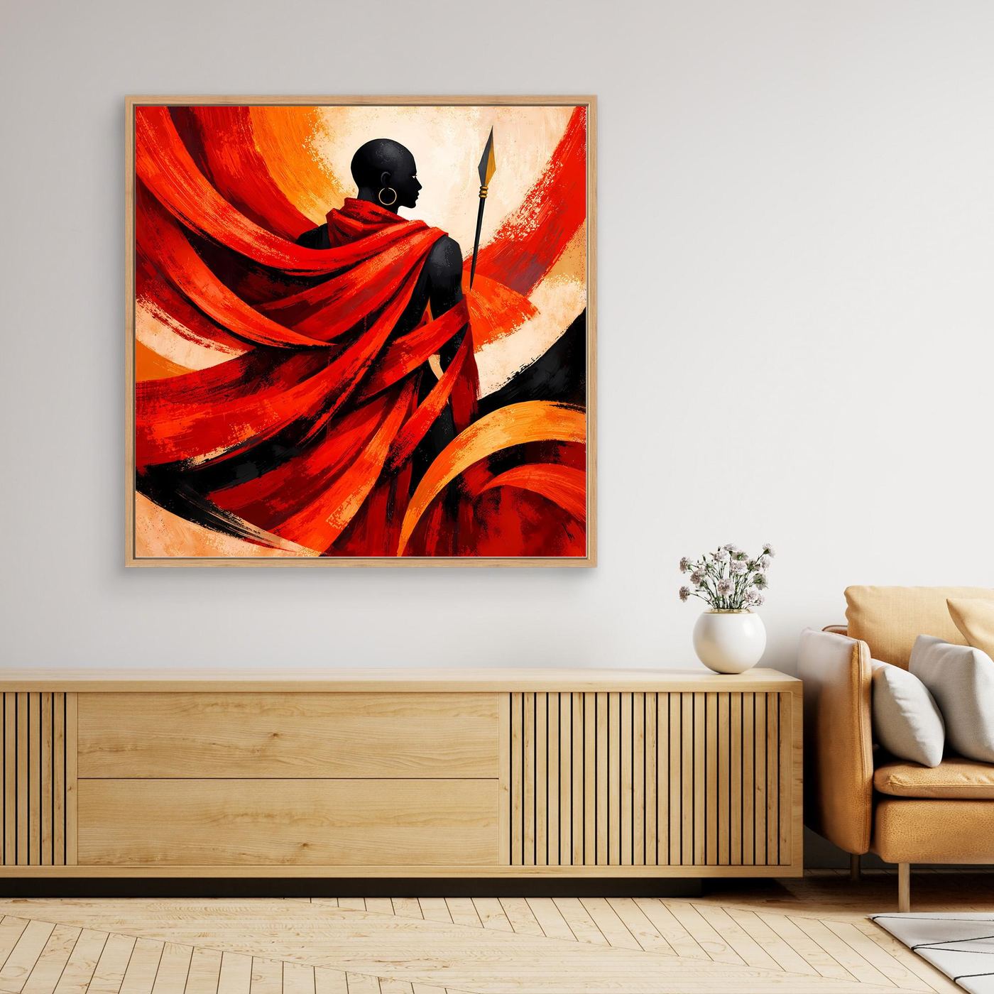 Leinwand-Wandbild mit Speerfigur im Profil, rotes Gewand und orangefarbene Lichtbögen