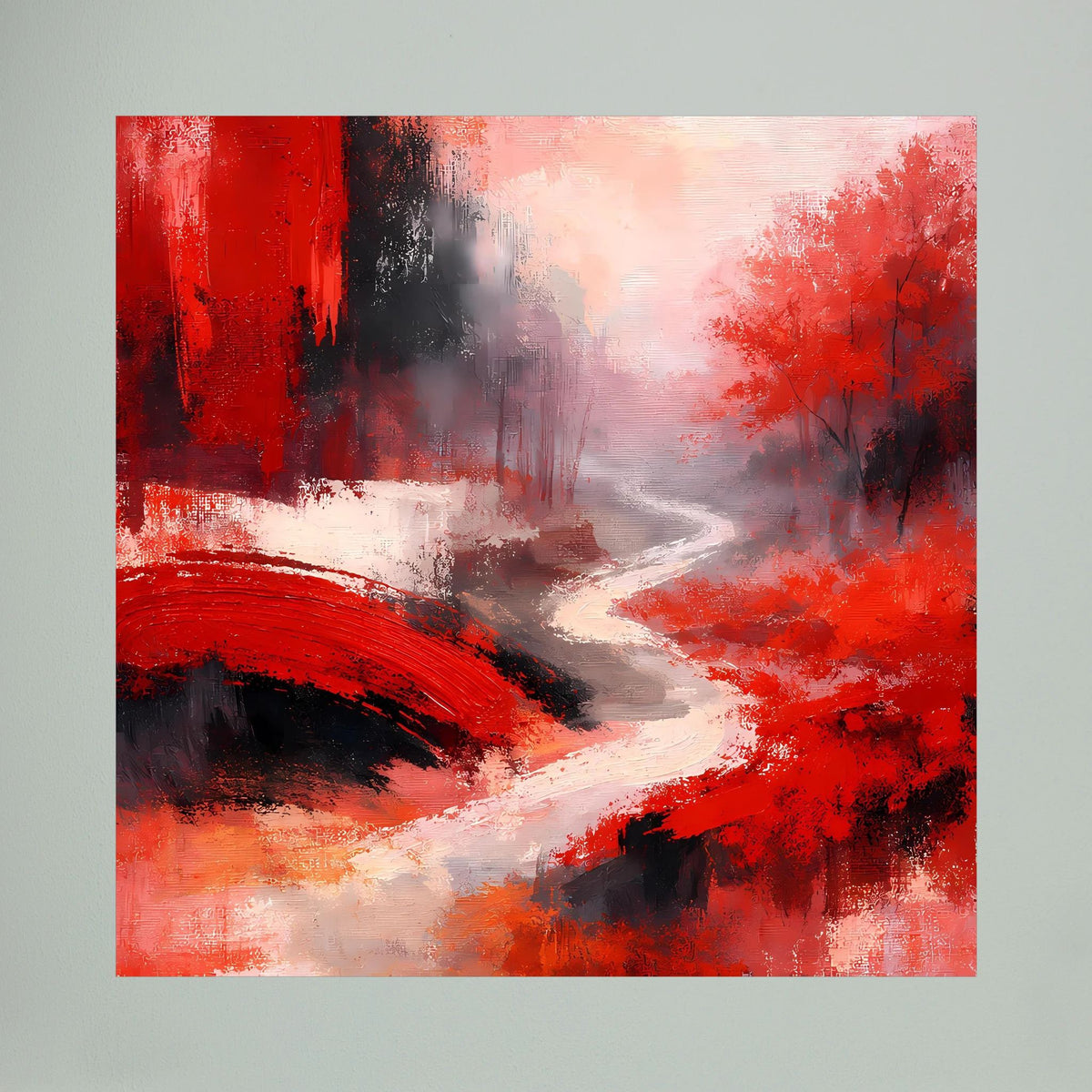 Abstraktes rotes Leinwandbild mit Flussbrücke und S-Kurve, schwarz, grau und weiß