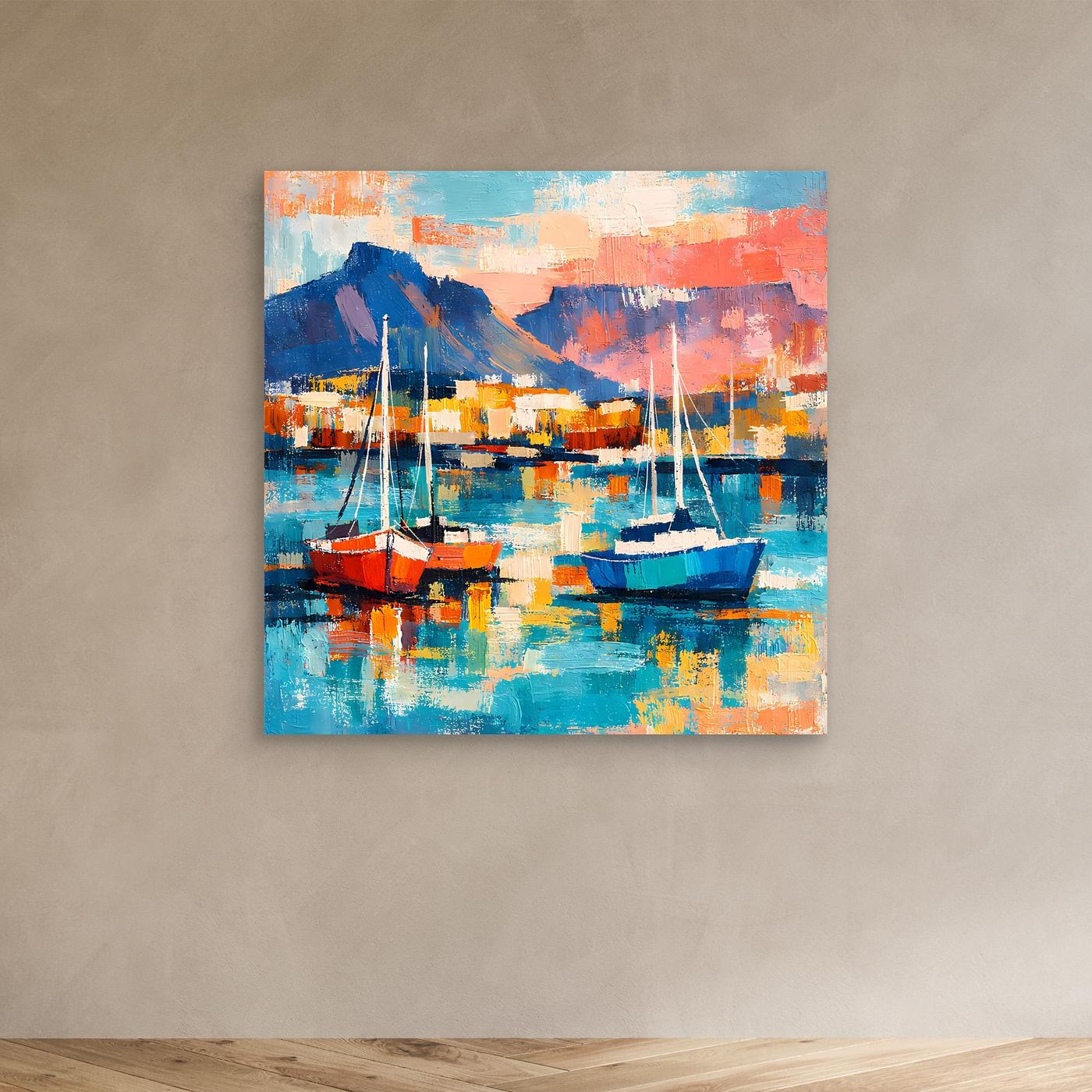 Abstraktes Segelboot-Leinwandbild mit mehreren Booten, türkis-blau und orange-roten Flächen