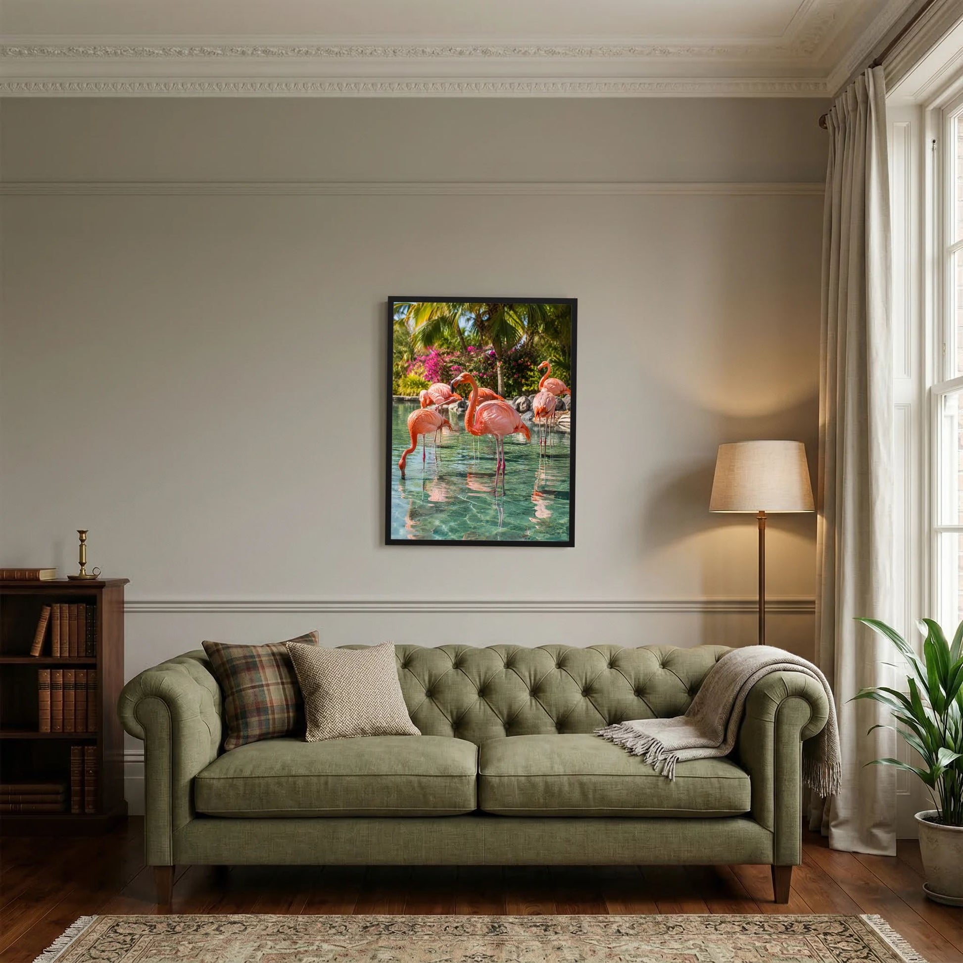 Poster mit Flamingos im Tropenwasser, schwarzer Bilderrahmen