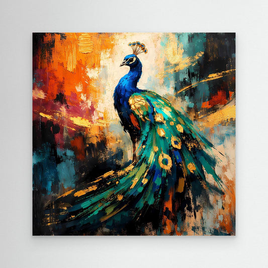Leinwandbild mit leuchtendem Pfau, abstrakt gemalt, ohne Rahmen