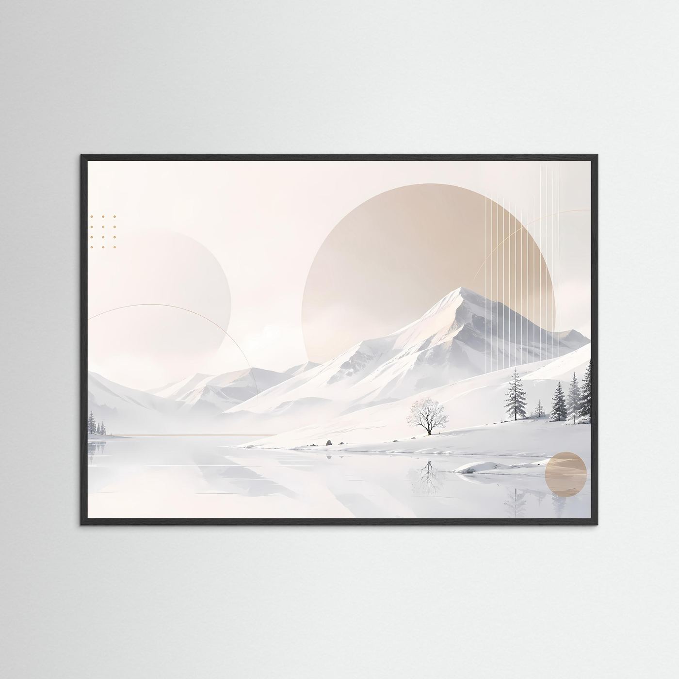 Poster im Querformat mit winterlicher Berglandschaft, Schwarzrahmen, Weiß-Beige, abstrakt