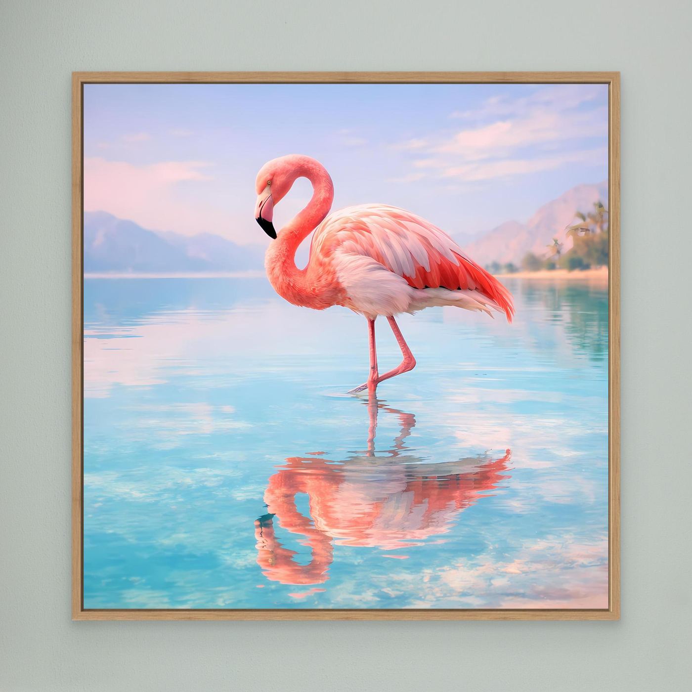 Wandbild mit Flamingo am See, Eichenholzrahmen