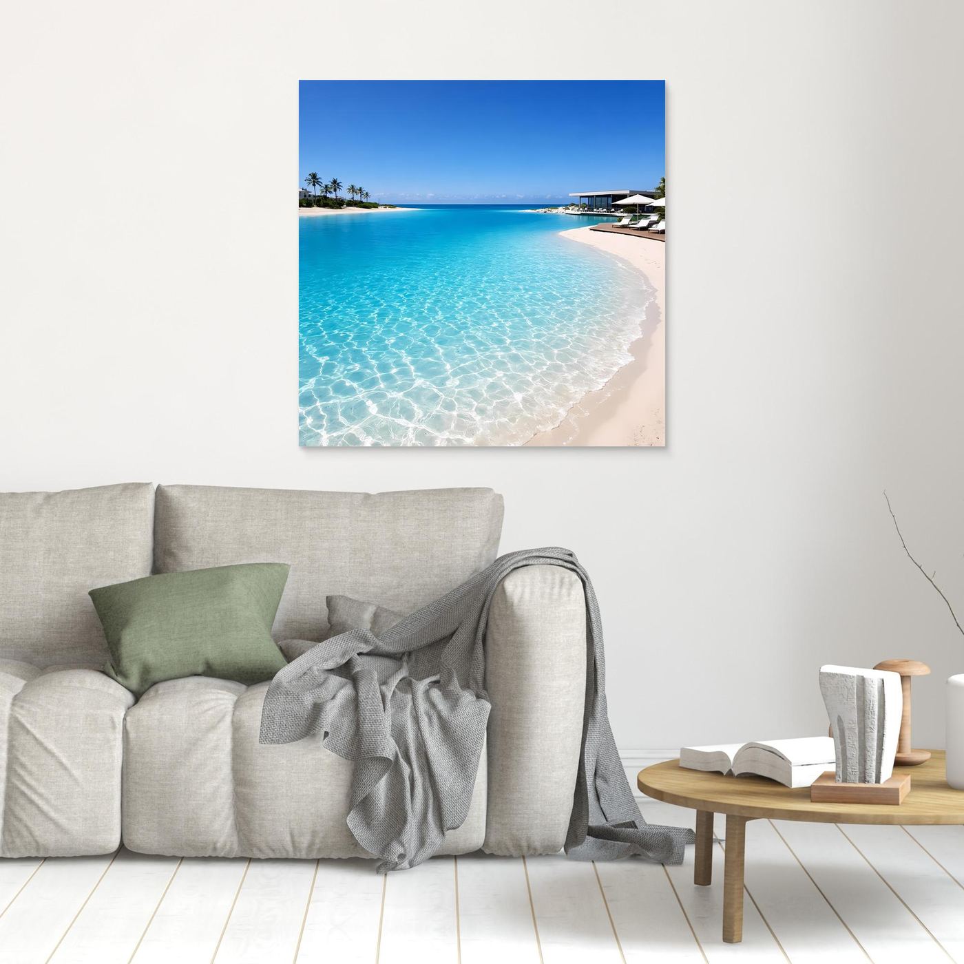 Leinwandbild: tropische Lagune mit türkisblauem Wasser und Sandstrand, goldfarbener Rand.