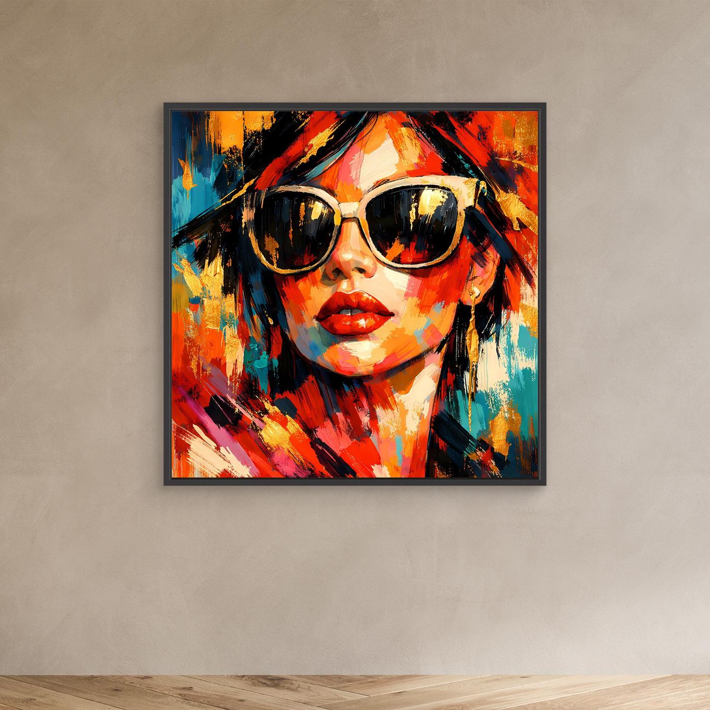 Leinwandbild mit Pop-Art-Frau mit Sonnenbrille, buntes Farbspritzdesign im schwarzen Rahmen