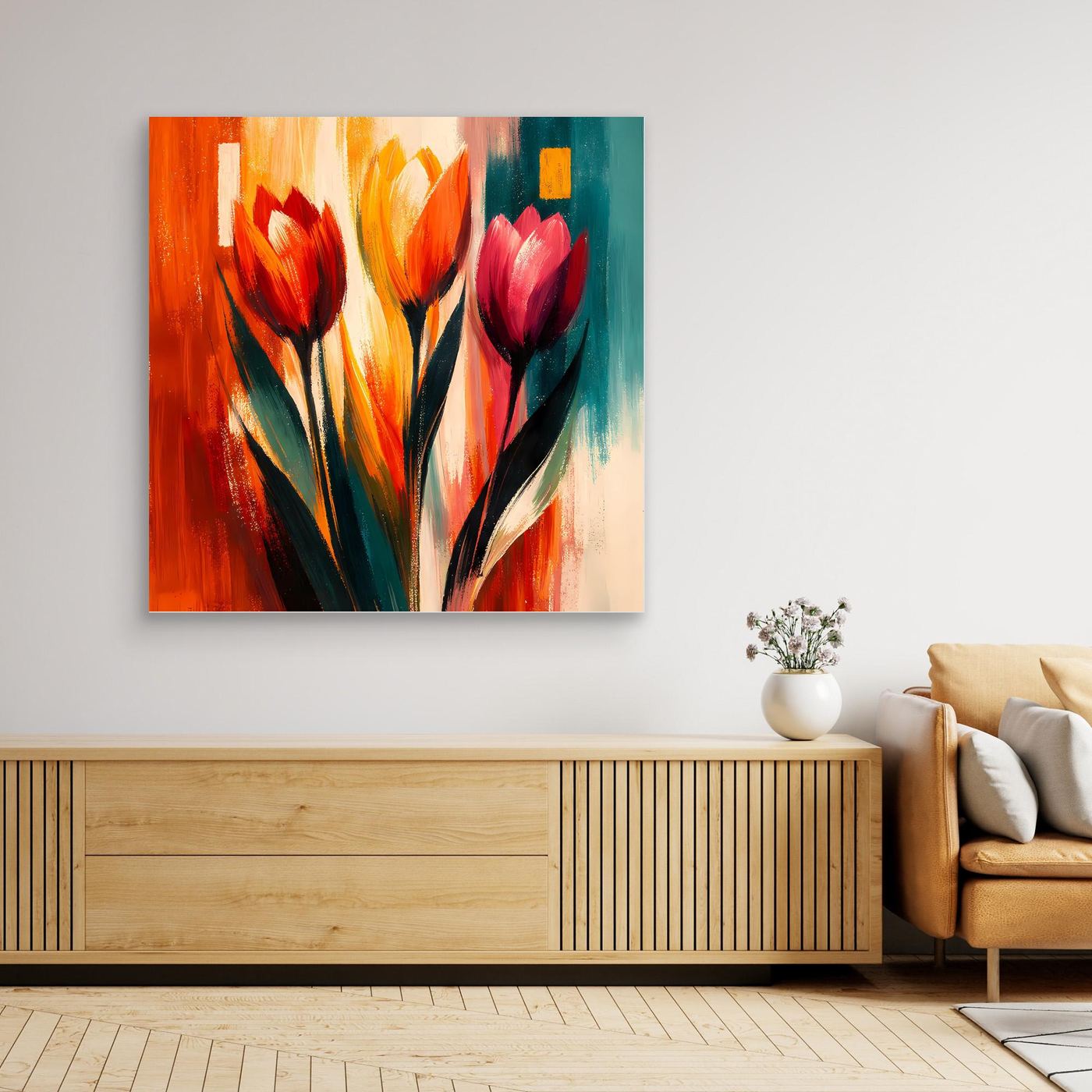 Wandbild mit abstrakten Tulpen auf Leinwand, bunte Blumen, goldfarbener Rahmen