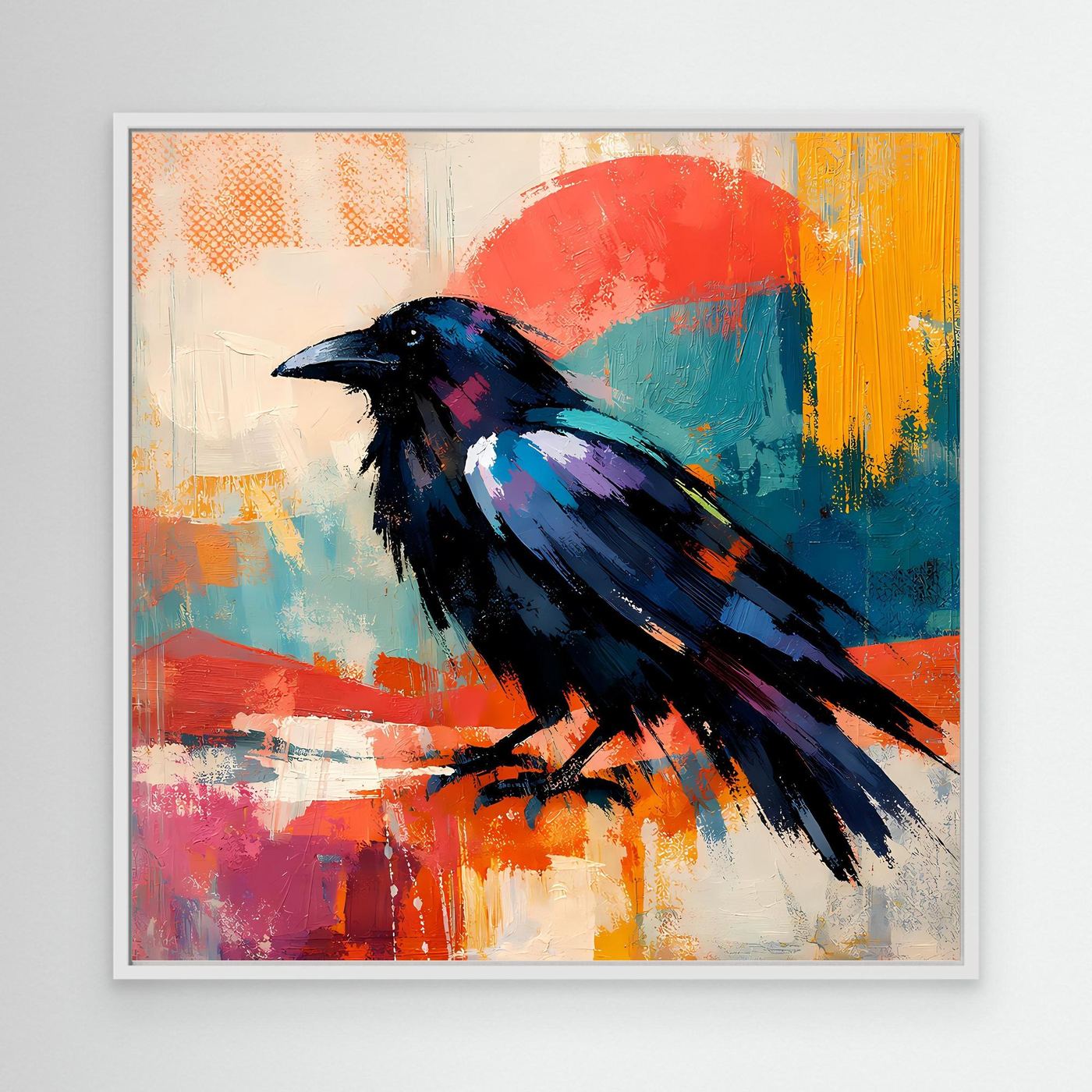 White framed colorful abstract raven bird wall canvas with red sun and blue teal splashes