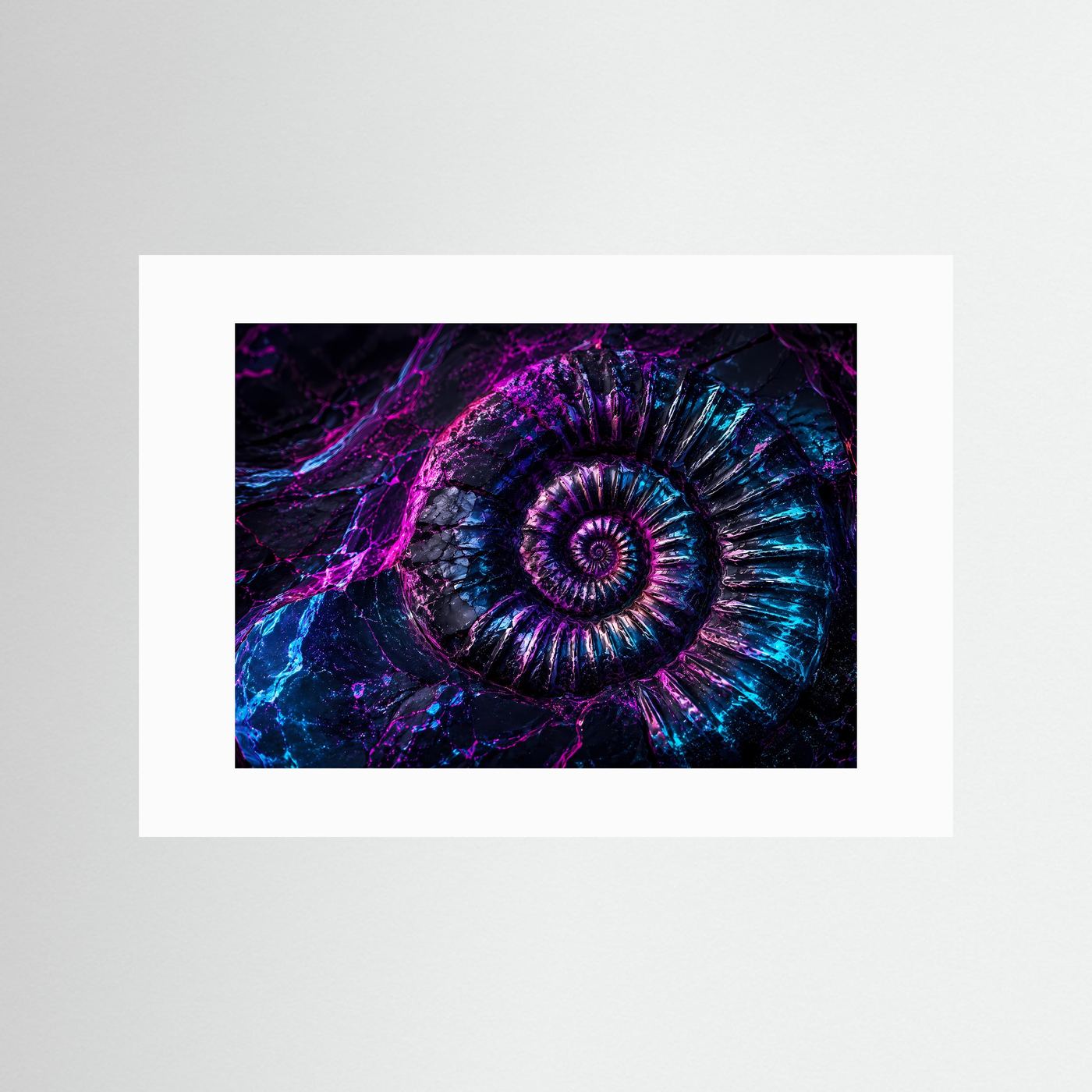 Neon Ammonit Fossil | Abstrakte Muschel in Lila & Blau