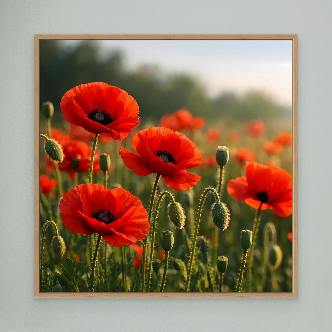 Klatschmohn-Wandbild mit Holzrahmen, rote Mohnblüten und grüne Kapseln