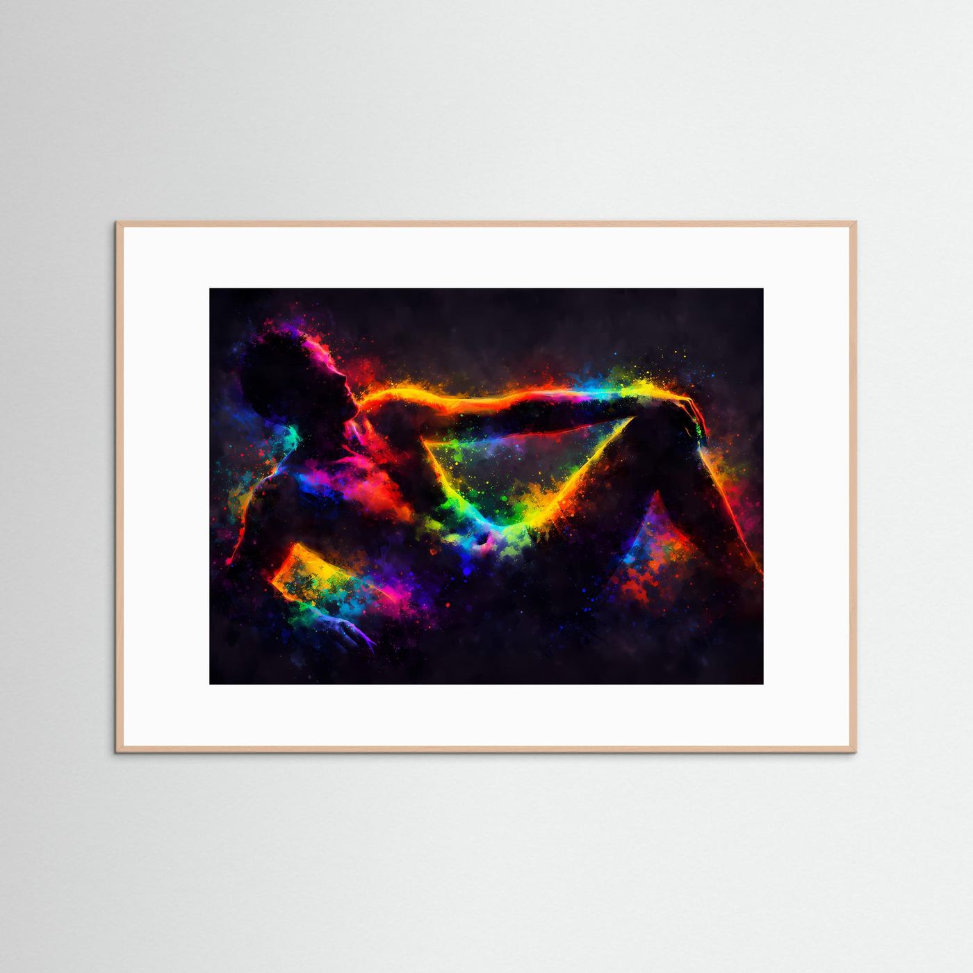 Abstraktes Kunstposter Querformat, Farbexplosion-Figur im hellen Holzrahmen