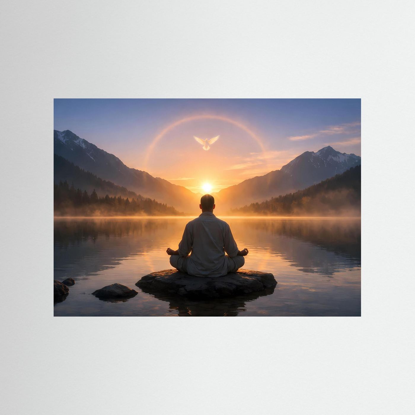Gerahmtes Poster mit meditierender Person am Bergsee beim Sonnenaufgang, Berge und See