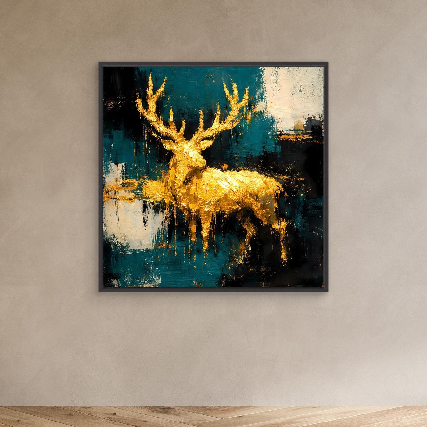 Leinwand Goldener Hirsch in abstrakter Landschaft | Modernes Edel-Tier Wandbild