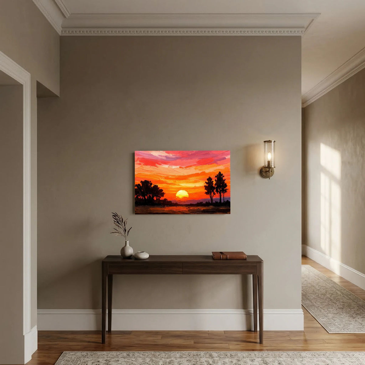 Poster mit Acryl-Kunstwerk: orangefarbener Sonnenuntergang mit Baum-Silhouetten, querformat