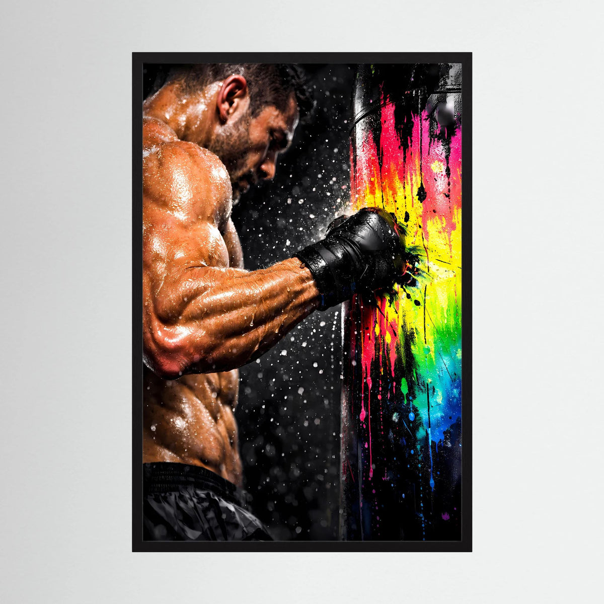 Hochformat-Poster: Boxer im Nahblick, Schwarzrahmen und bunte Farbspritzer