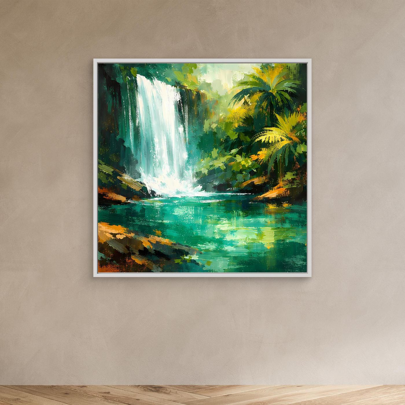 Leinwand Abstraktes Dschungel Wandbild mit Wasserfall | Modernes Natur Kunstwerk Grün