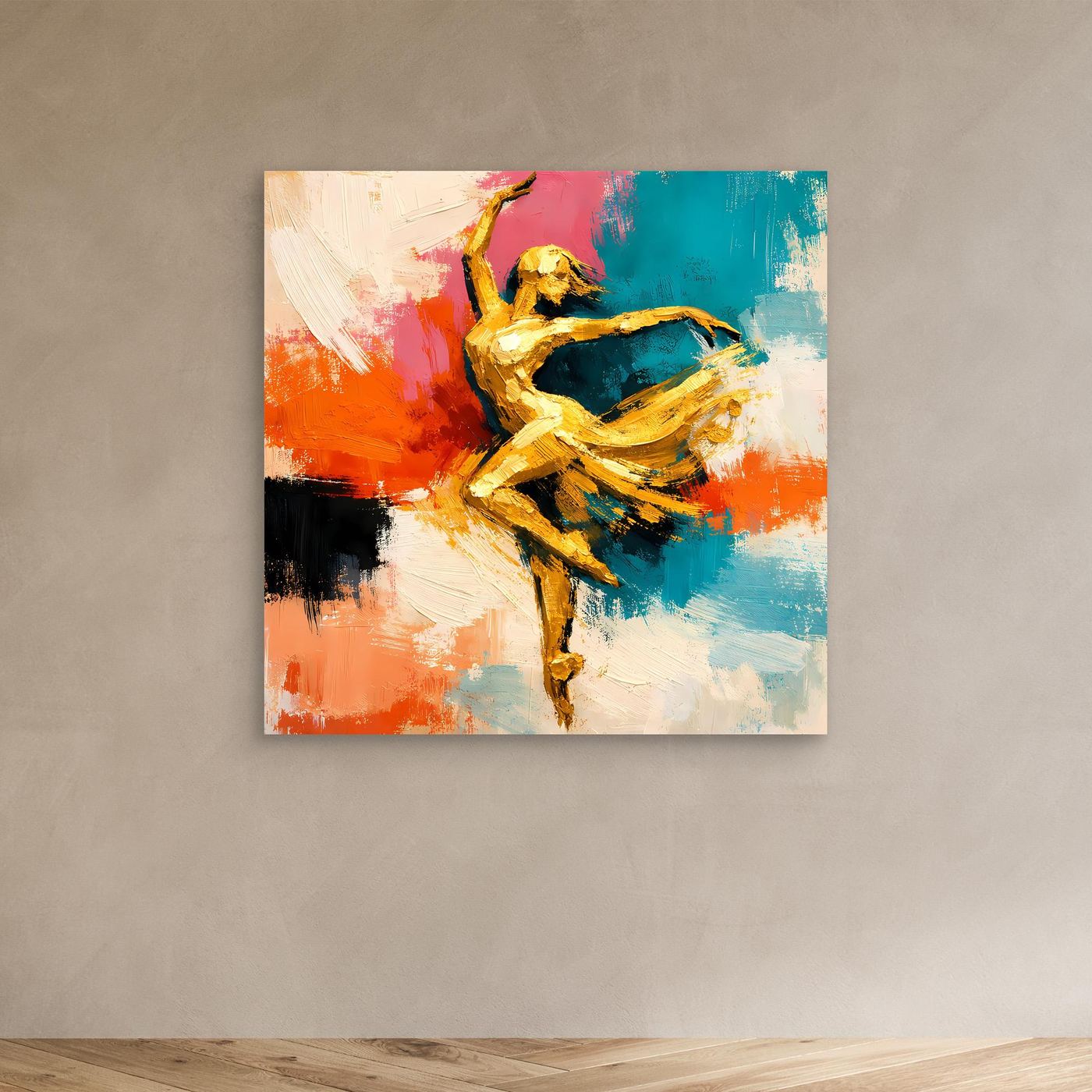Leinwand Elegante Goldene Tänzerin im Flug | Abstraktes Ballett & Modern Art Wandbild
