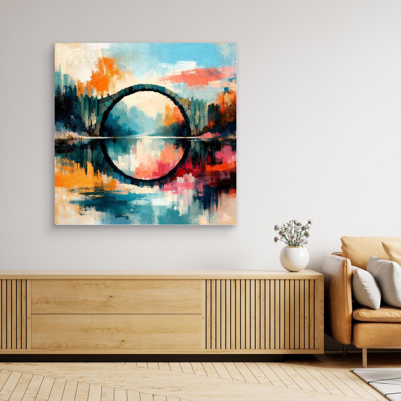 Premium Leinwand Mystische Kreisbrücke im Wasser | Abstraktes Natur Wandbild farbenfroh