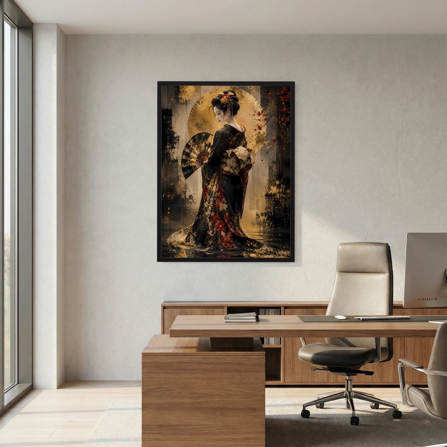 Hochformat-Poster mit Geisha im Kimono, Schwarz-Gold, goldener Kreis hinter der Figur