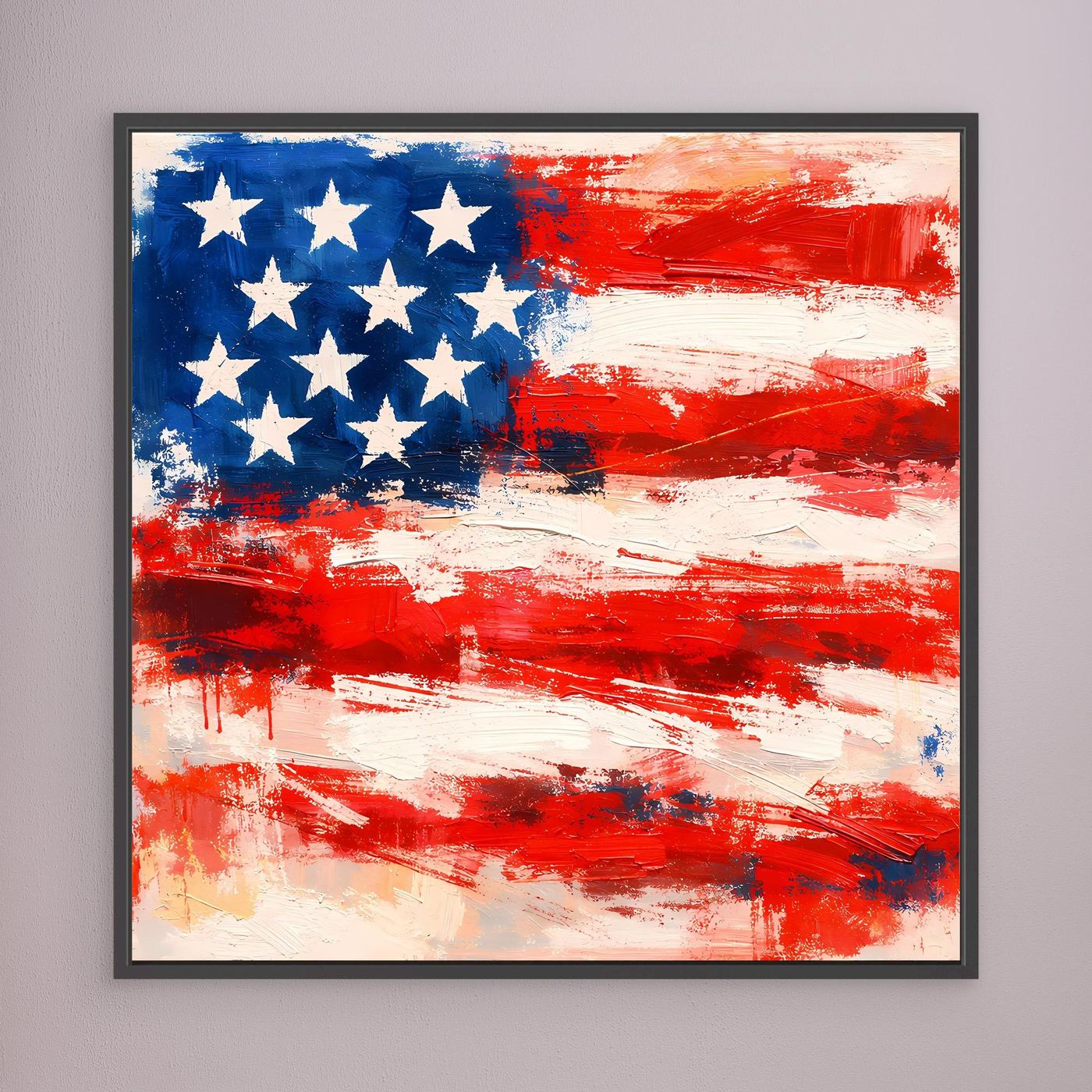 Abstract USA flag wall art with black frame, blue stars and red-white brush strokes