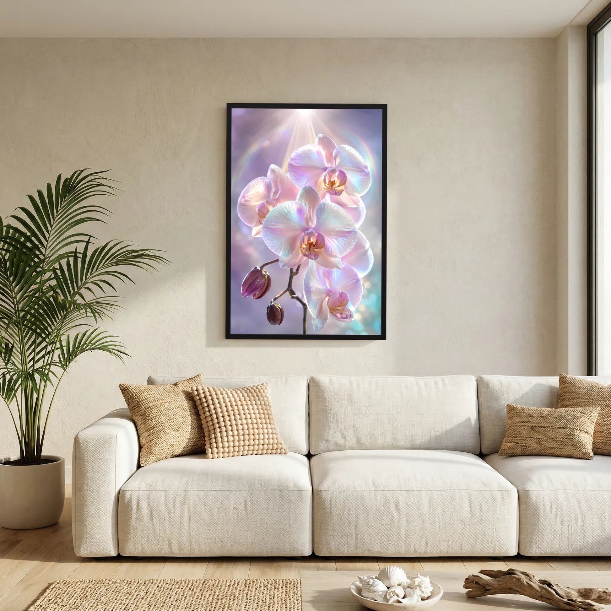 Kunstposter im schwarzen Rahmen mit schimmernden Orchideenblüten in Weiß-Rosa und Perlmutt