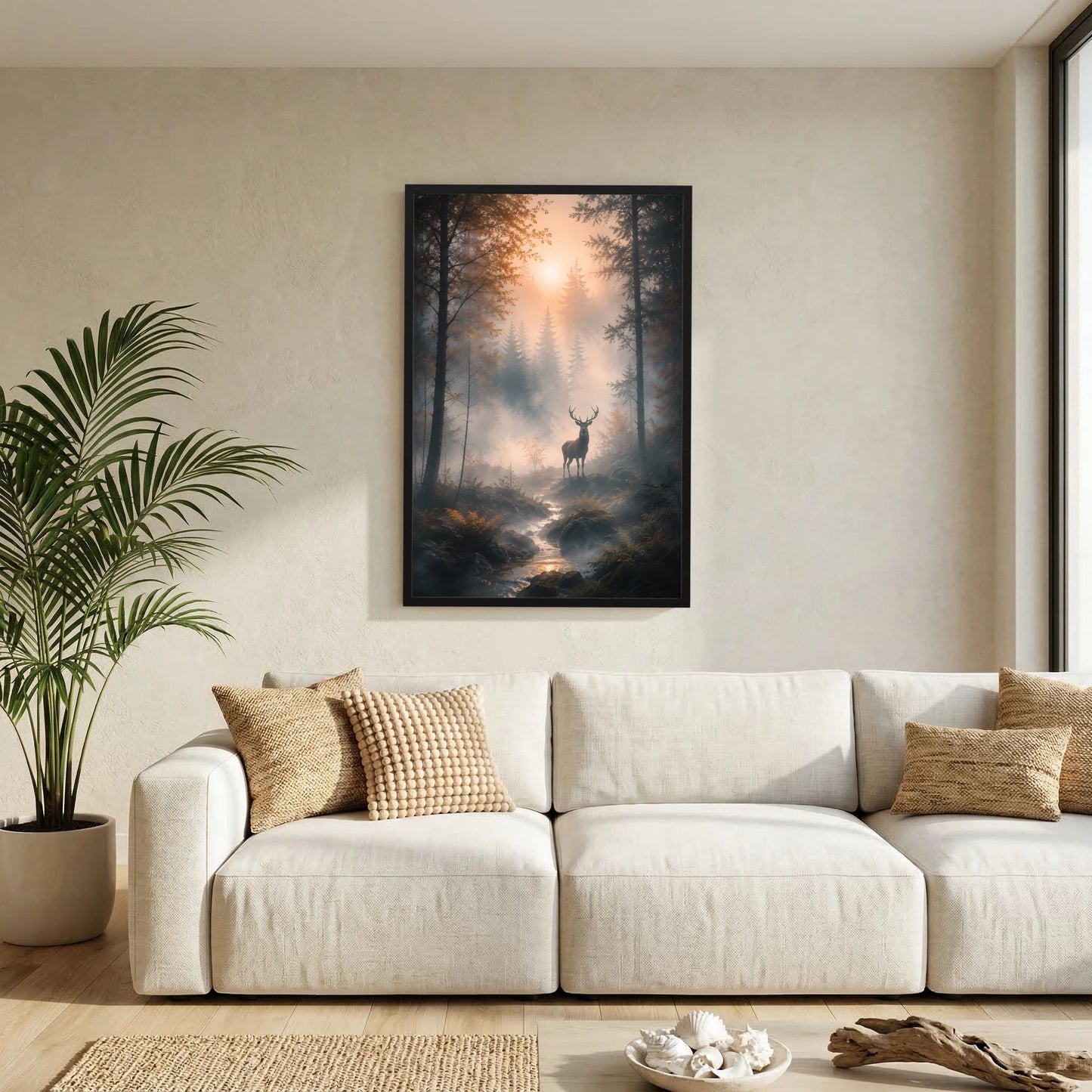 Kunstposter im Hochformat: Hirsch im Nebelwald bei Sonnenaufgang, Waldweg und Bachlauf, schwarzer Rahmen