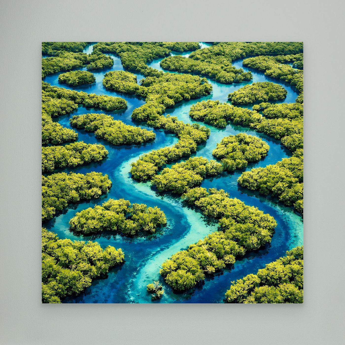 Leinwandbild Wasserlabyrinth: türkisblauer Fluss mit grünen Inseln, abstrakte Natur