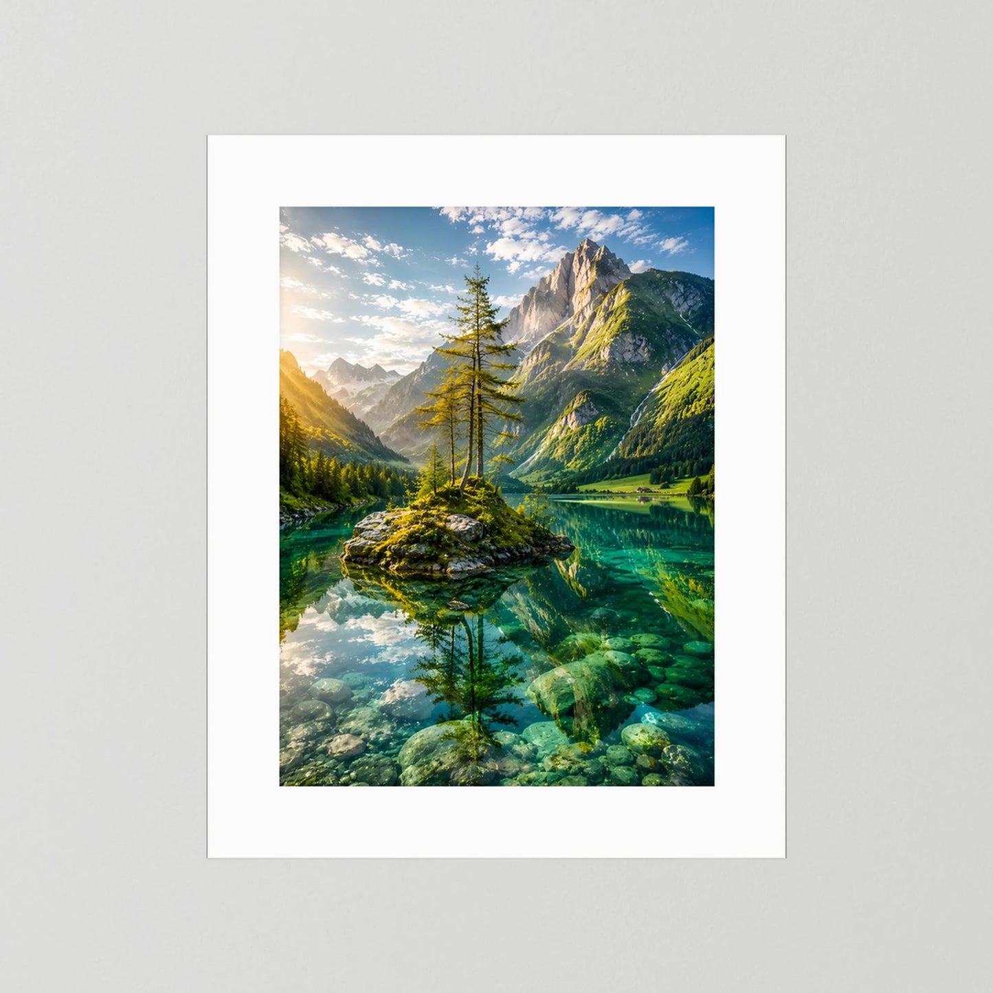 Hochformatiges Poster mit weißem Rand: Alpenlandschaft mit Bauminsel im Bergsee.