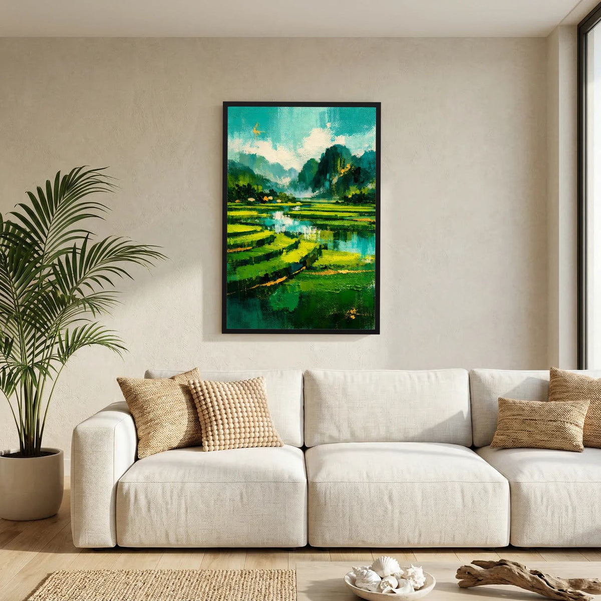Poster mit grüner Berglandschaft und Wasser, schwarzer Rahmen im Hochformat