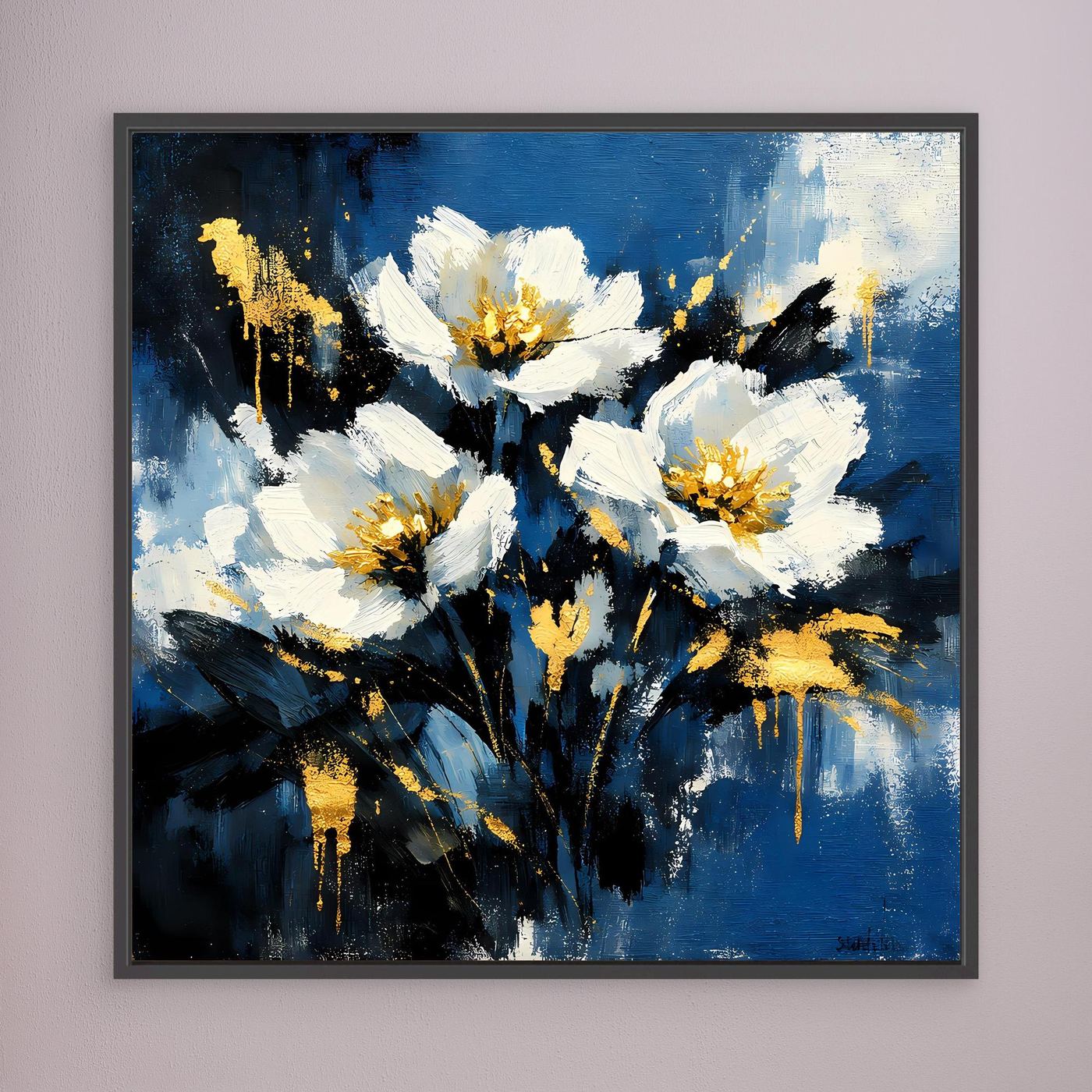 Blüten-Leinwandbild mit weißen und goldenen Blüten auf blau-schwarzem Hintergrund, schwarzer Rahmen