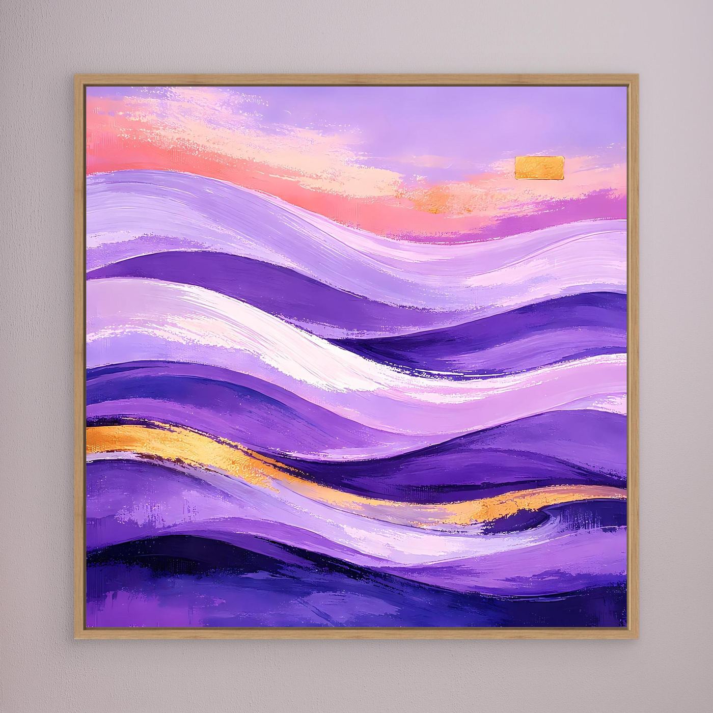 Leinwandbild mit abstrakter Wellenlandschaft in Lila, Gold und Rosa im Holzrahmen