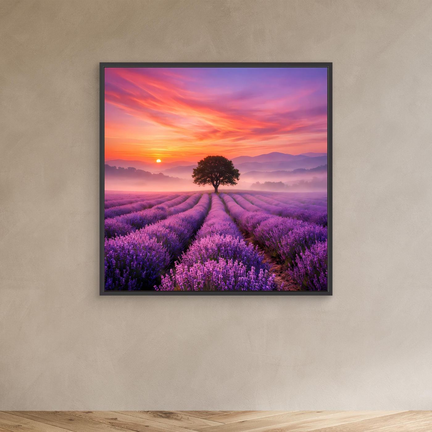 Leinwandbild Lavendelfeld mit Sonnenaufgang und Baum, schwarzer Rahmen (kleine Ansicht)