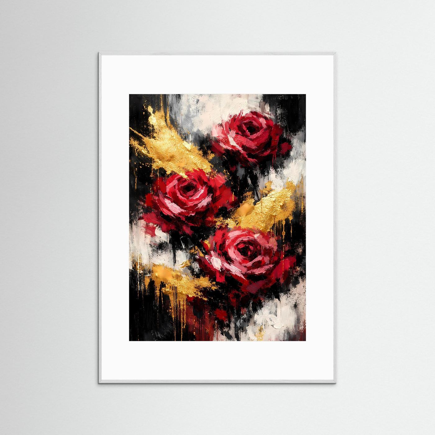Wandbild mit abstrakten roten Rosen und goldenen Akzenten, weiß gerahmt