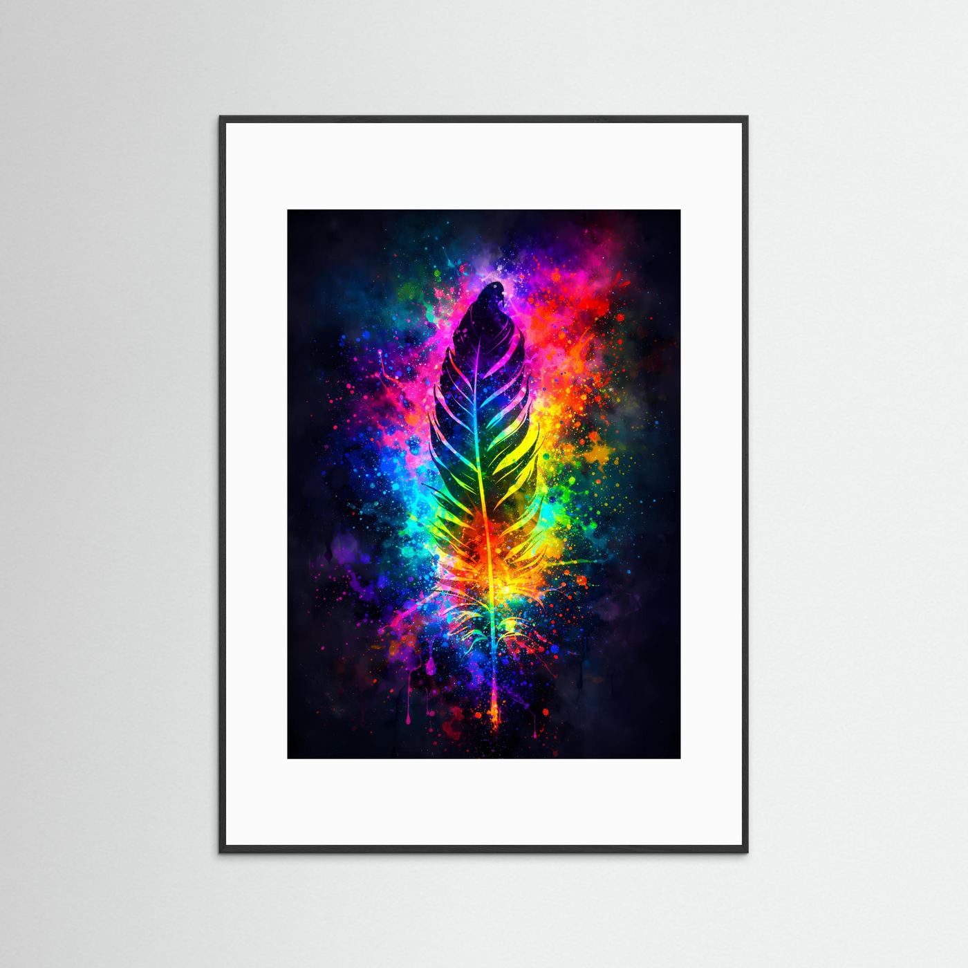 Wandbild mit Regenbogen-Feder im Kosmos, weißer Rahmen mit Innenrand
