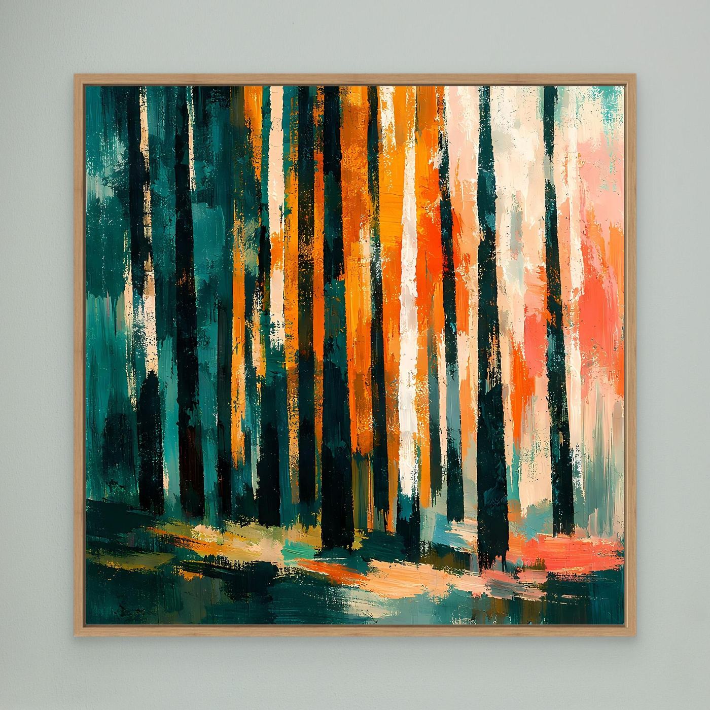 Abstraktes Birkenwald-Wandbild mit hellem Holzrahmen, bunte Baumstämme, Herbstfarben
