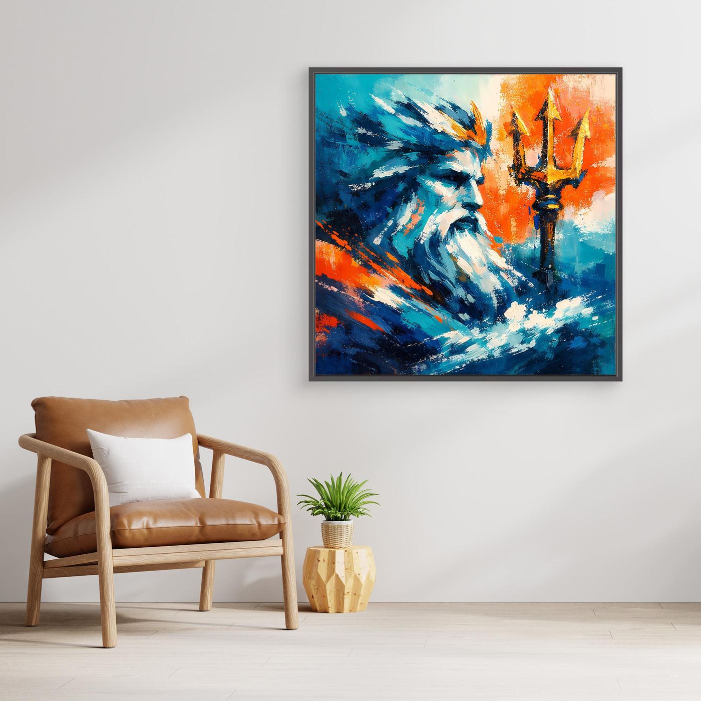 Wall art with dark frame, blue waves, teal figure, orange candles
