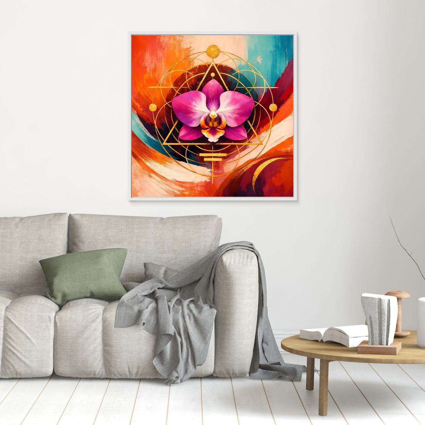 Quadratisches Orchideen-Leinwandbild mit goldener Geometrie und pinker Orchidee