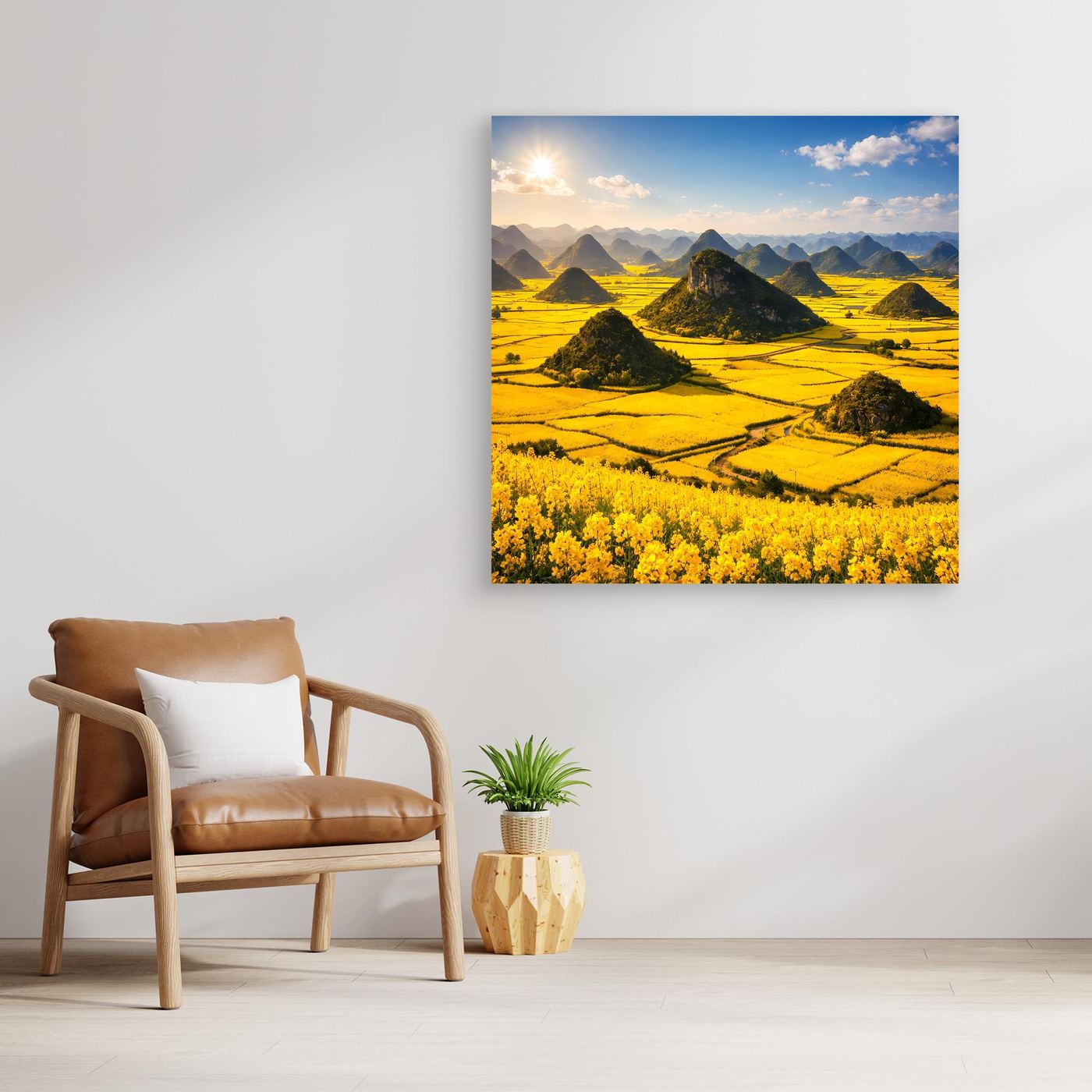 Leinwandbild mit goldenem Rapsfeld und Karstbergen ohne sichtbaren Rahmen