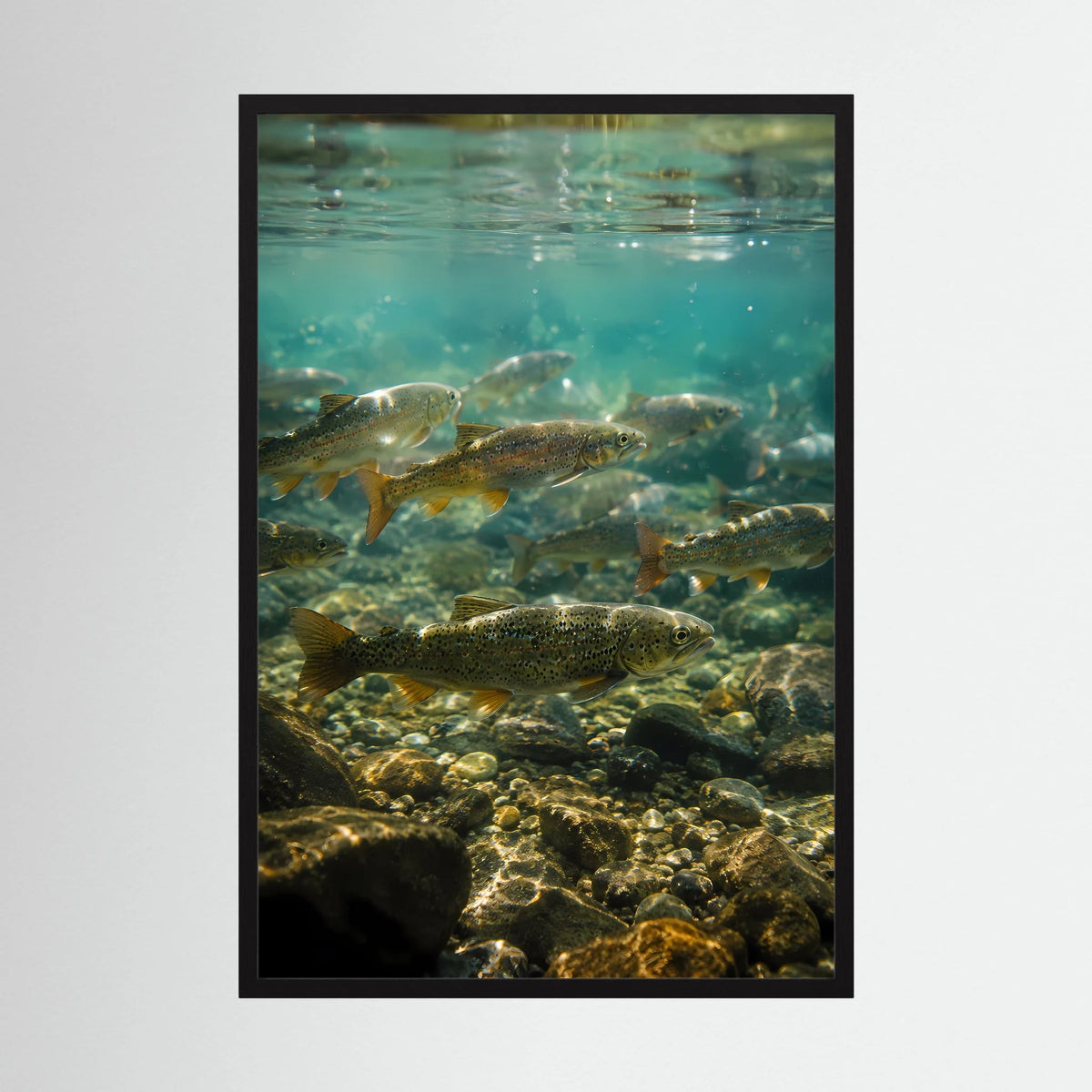 Hochformatiges Poster mit schwarzem Rahmen: Forellen im Unterwasser mit Steinen